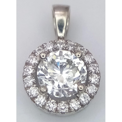 225 - 18K WHITE GOLD DIAMOND HALO PENDANT, 0.90CT MAIN ROUND BRILIANT CUT STONE PLUS FURTHER HALO DIAMONDS... 