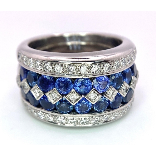 239 - 18K WHITE GOLD DIAMOND & SAPPHIRE 5 ROW RING WITH BEAUTIFUL AND 1.50CT SAPPHIRES, WEIGHT 20.2G SIZE ... 