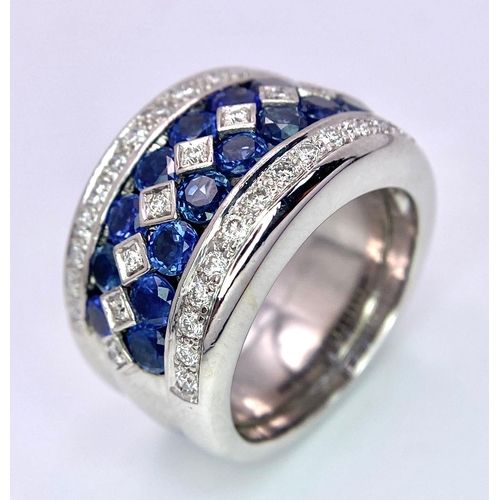 239 - 18K WHITE GOLD DIAMOND & SAPPHIRE 5 ROW RING WITH BEAUTIFUL AND 1.50CT SAPPHIRES, WEIGHT 20.2G SIZE ... 