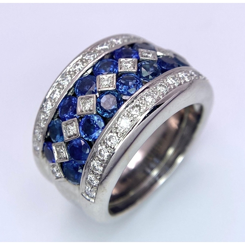 239 - 18K WHITE GOLD DIAMOND & SAPPHIRE 5 ROW RING WITH BEAUTIFUL AND 1.50CT SAPPHIRES, WEIGHT 20.2G SIZE ... 