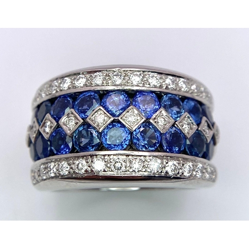 239 - 18K WHITE GOLD DIAMOND & SAPPHIRE 5 ROW RING WITH BEAUTIFUL AND 1.50CT SAPPHIRES, WEIGHT 20.2G SIZE ... 