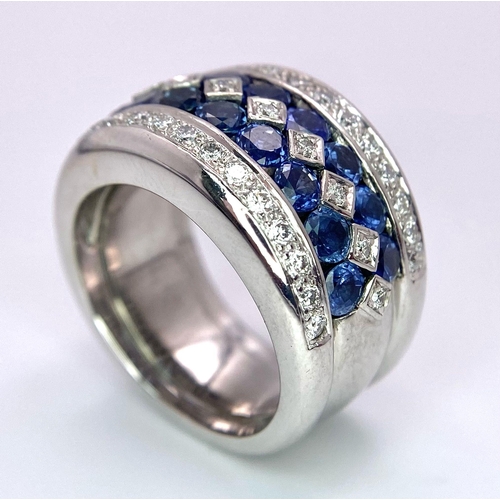 239 - 18K WHITE GOLD DIAMOND & SAPPHIRE 5 ROW RING WITH BEAUTIFUL AND 1.50CT SAPPHIRES, WEIGHT 20.2G SIZE ... 