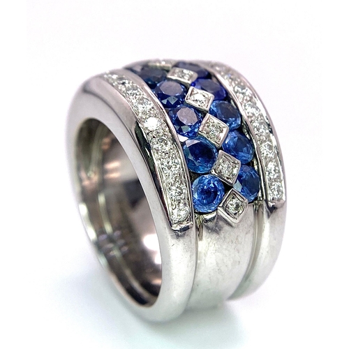 239 - 18K WHITE GOLD DIAMOND & SAPPHIRE 5 ROW RING WITH BEAUTIFUL AND 1.50CT SAPPHIRES, WEIGHT 20.2G SIZE ... 