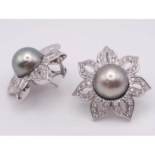 24 - A MAGNIFICENT PAIR OF 14K WHITE GOLD DIAMOND & TAHITIAN PEARL EARRINGS, APPROX 0.90CT DIAMONDS AND 1... 