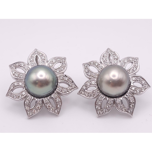 24 - A MAGNIFICENT PAIR OF 14K WHITE GOLD DIAMOND & TAHITIAN PEARL EARRINGS, APPROX 0.90CT DIAMONDS AND 1... 