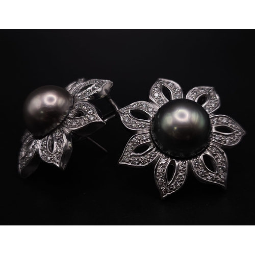 24 - A MAGNIFICENT PAIR OF 14K WHITE GOLD DIAMOND & TAHITIAN PEARL EARRINGS, APPROX 0.90CT DIAMONDS AND 1... 