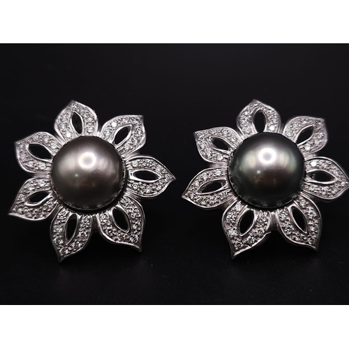 24 - A MAGNIFICENT PAIR OF 14K WHITE GOLD DIAMOND & TAHITIAN PEARL EARRINGS, APPROX 0.90CT DIAMONDS AND 1... 