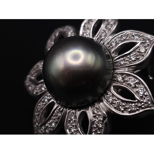 24 - A MAGNIFICENT PAIR OF 14K WHITE GOLD DIAMOND & TAHITIAN PEARL EARRINGS, APPROX 0.90CT DIAMONDS AND 1... 