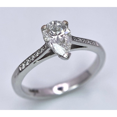 255 - 18K WHITE GOLD 0.60CT PEAR SHAPED SOLITAIRE DIAMOND RING, WITH  FURTHER DIAMOND ON SHOULDERS, WEIGHT... 