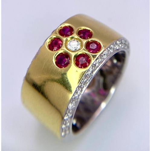 361 - 18K YELLOW GOLD BAND RING WITH FLOWER DESIGN SETTING WITH 0.40CT DIAMONDS & RUBIES, TOTAL WEIGHT 14G... 