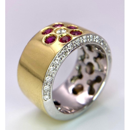 361 - 18K YELLOW GOLD BAND RING WITH FLOWER DESIGN SETTING WITH 0.40CT DIAMONDS & RUBIES, TOTAL WEIGHT 14G... 