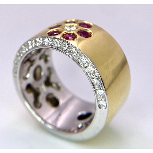 361 - 18K YELLOW GOLD BAND RING WITH FLOWER DESIGN SETTING WITH 0.40CT DIAMONDS & RUBIES, TOTAL WEIGHT 14G... 