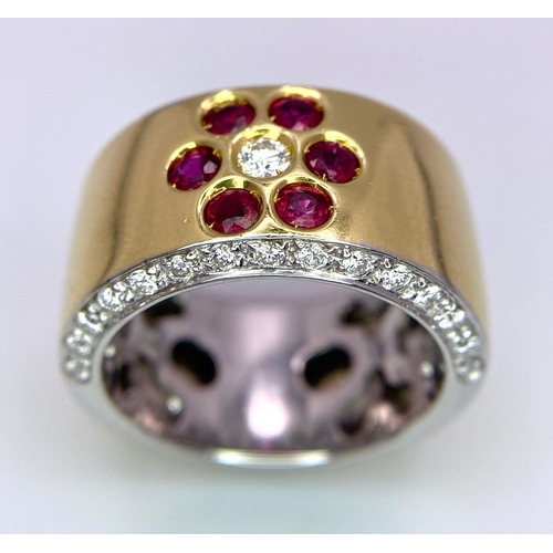 361 - 18K YELLOW GOLD BAND RING WITH FLOWER DESIGN SETTING WITH 0.40CT DIAMONDS & RUBIES, TOTAL WEIGHT 14G... 