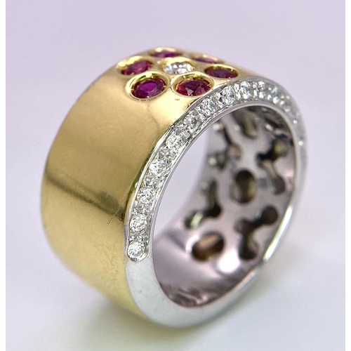 361 - 18K YELLOW GOLD BAND RING WITH FLOWER DESIGN SETTING WITH 0.40CT DIAMONDS & RUBIES, TOTAL WEIGHT 14G... 