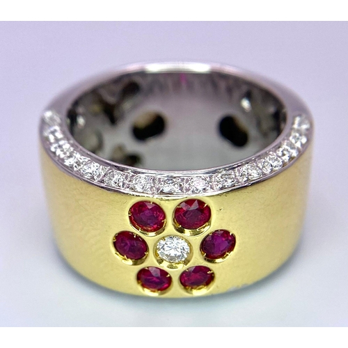 361 - 18K YELLOW GOLD BAND RING WITH FLOWER DESIGN SETTING WITH 0.40CT DIAMONDS & RUBIES, TOTAL WEIGHT 14G... 