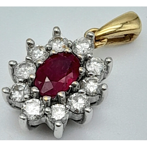 411 - 18k yellow gold ruby and diamond cluster pendant, weight 2.3g (diamonds :0.50ct/ruby: 0.60ct)