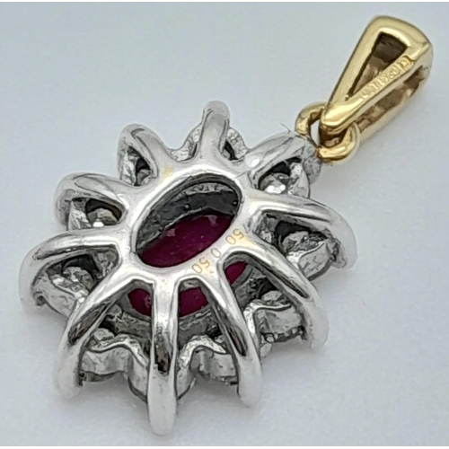 411 - 18k yellow gold ruby and diamond cluster pendant, weight 2.3g (diamonds :0.50ct/ruby: 0.60ct)