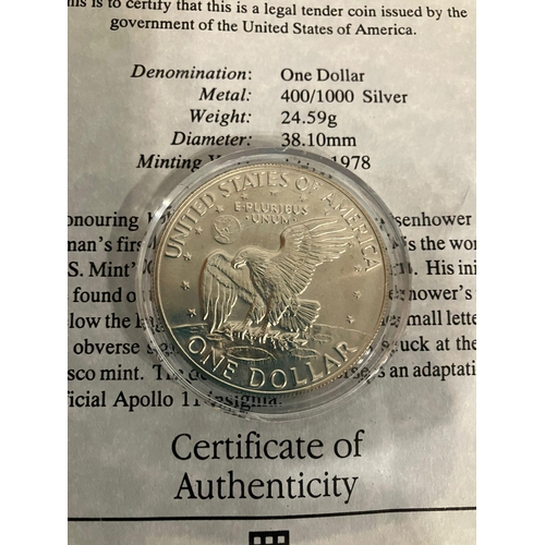 532 - Genuine United States SILVER DOLLAR Celebrating the first Moon landing, and also honouring President... 