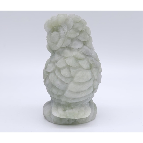 542 - A Hand-Carved Green and White Jade Owl Figurine. 9cm tall. 262g weight.