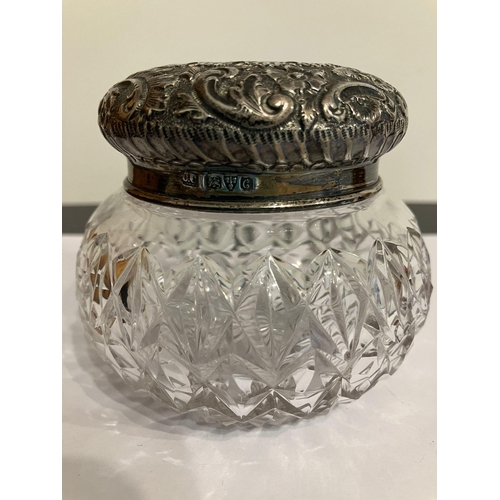 637 - Antique CUT GLASS and SILVER POWDER JAR with Ornate SILVER LID. Clear hallmark for Charles Cooke, Ch... 