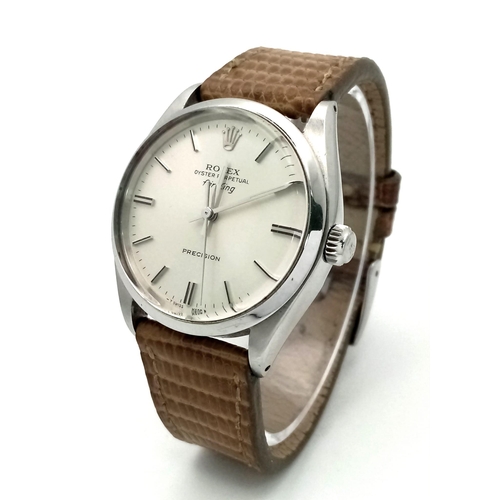 73 - A Vintage Rolex Air King Precision Gents Watch. Brown leather strap. Stainless steel case - 35mm. Si... 