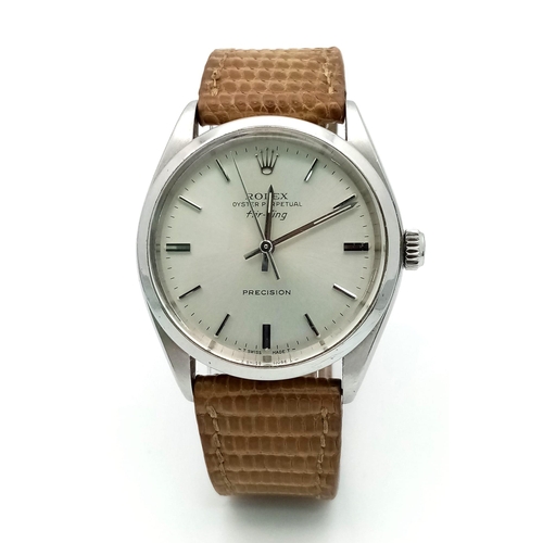 73 - A Vintage Rolex Air King Precision Gents Watch. Brown leather strap. Stainless steel case - 35mm. Si... 