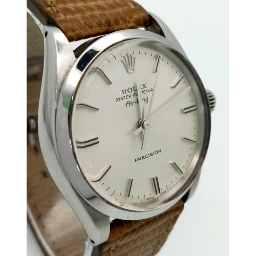 73 - A Vintage Rolex Air King Precision Gents Watch. Brown leather strap. Stainless steel case - 35mm. Si... 