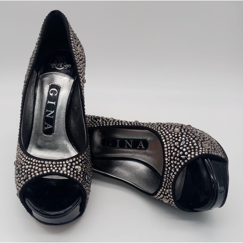 739 - A Genuine Pair of ‘Gina’ Open Toe Black Satin Crystal Set Platform Shoes
Size 3 UK (36 European). Re... 