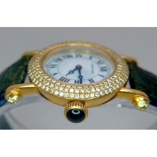 866 - An 18K Gold and Diamond Cartier Ladies Watch. Leather strap with Cartier gold clasp. Circular gold a... 