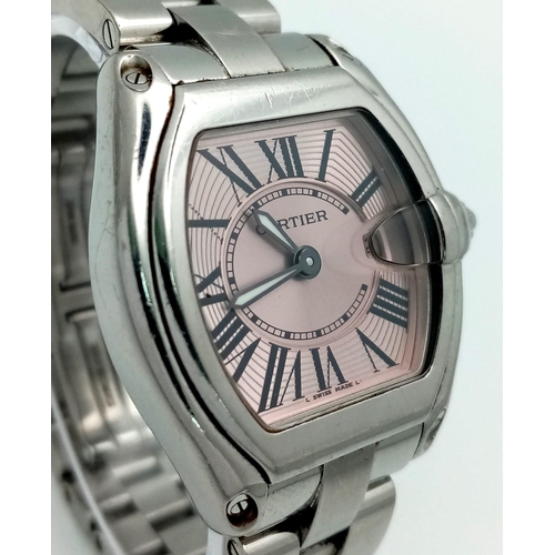 873 - A Cartier Roadster Shocking Pink Dial Ladies Watch. Stainless steel bracelet and case - 31mm. Quartz... 