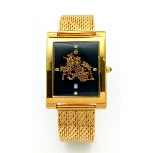 886 - A Men’s Prestige, Gold Plated, St George & the Dragon, Diamond Set Face, Quartz Watch by Brooks ... 