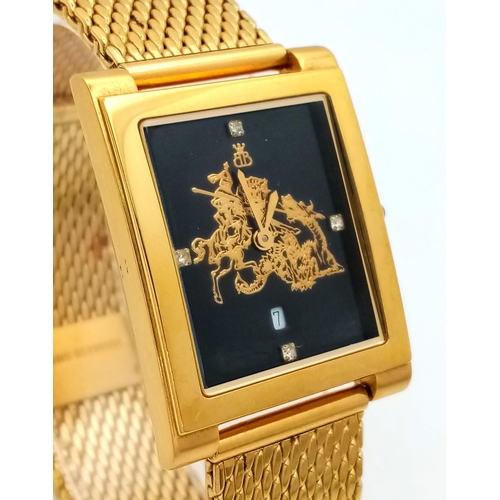 886 - A Men’s Prestige, Gold Plated, St George & the Dragon, Diamond Set Face, Quartz Watch by Brooks ... 