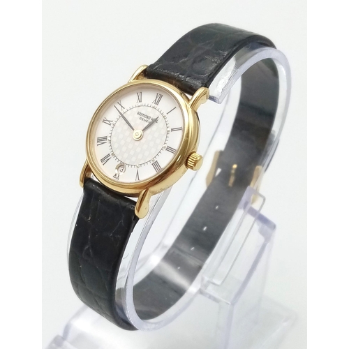 946 - A Raymond Weil 18K Gold Plated Ladies Quartz Watch. Black leather strap. Gold plated case - 22mm. Wh... 