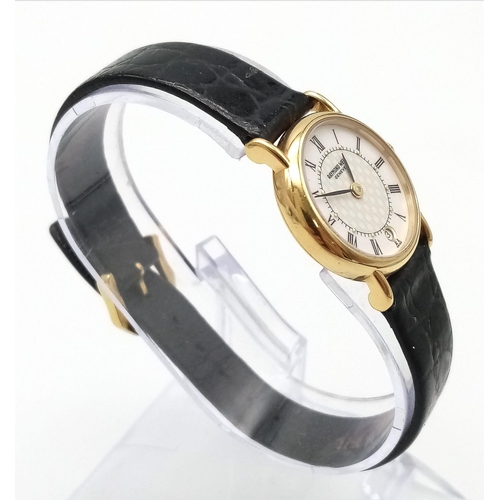 946 - A Raymond Weil 18K Gold Plated Ladies Quartz Watch. Black leather strap. Gold plated case - 22mm. Wh... 