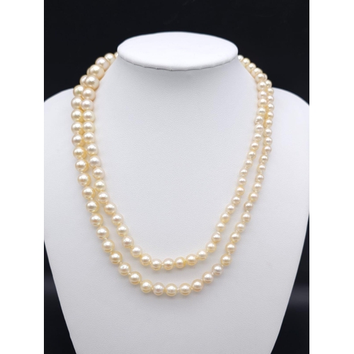 262 - A CLASSY 2 ROW GRADUATED CULTURED PEARL NECKLACE WITH PLATINUM DIAMOND, PEARL & SAPPHIRE CLASP, APPR... 