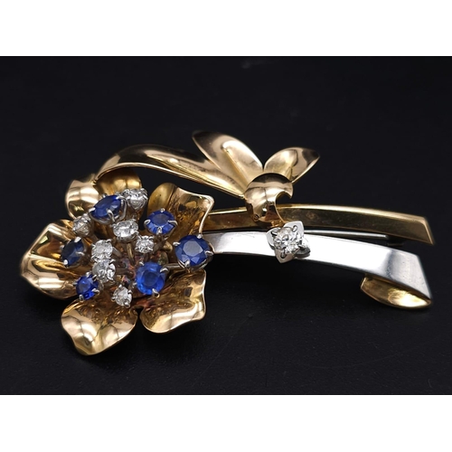 269 - 18K ROSE & YELLOW GOLD, DIAMOND & SAPPHIRE SET BROOCH, APPROX 0.60CT DIAMONDS AND BEAUTIFUL SAPPHIRE... 