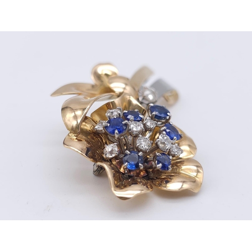 269 - 18K ROSE & YELLOW GOLD, DIAMOND & SAPPHIRE SET BROOCH, APPROX 0.60CT DIAMONDS AND BEAUTIFUL SAPPHIRE... 