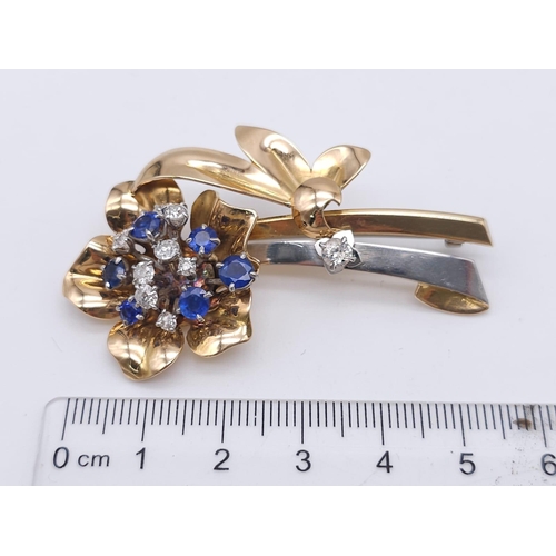 269 - 18K ROSE & YELLOW GOLD, DIAMOND & SAPPHIRE SET BROOCH, APPROX 0.60CT DIAMONDS AND BEAUTIFUL SAPPHIRE... 