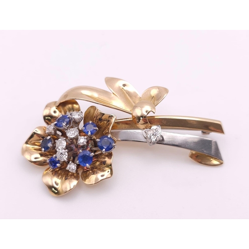 269 - 18K ROSE & YELLOW GOLD, DIAMOND & SAPPHIRE SET BROOCH, APPROX 0.60CT DIAMONDS AND BEAUTIFUL SAPPHIRE... 