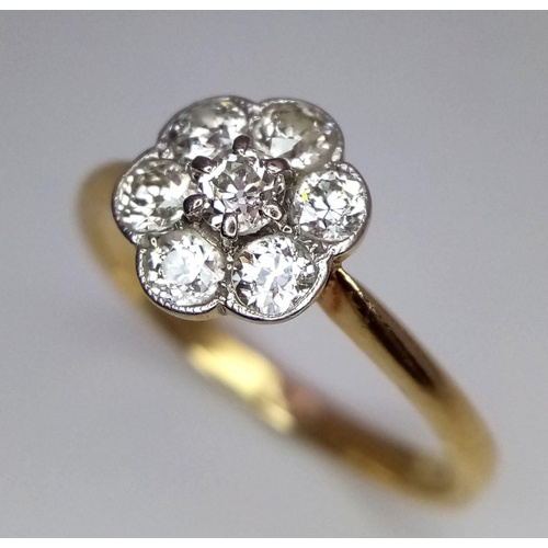 397 - 18k yellow gold old cut diamond flower cluster ring, 2.7g, size Q (7 diamonds each with a 3mm spread... 