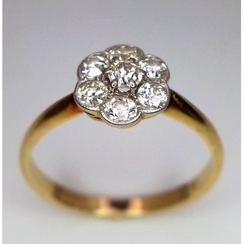 397 - 18k yellow gold old cut diamond flower cluster ring, 2.7g, size Q (7 diamonds each with a 3mm spread... 