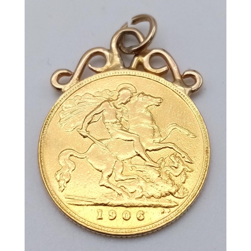 418 - 22ct gold half sovereign coin dated 1906 attached to a 9ct yellow gold pendant or charm mount, 4.5g