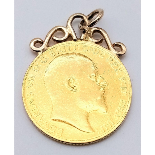 418 - 22ct gold half sovereign coin dated 1906 attached to a 9ct yellow gold pendant or charm mount, 4.5g