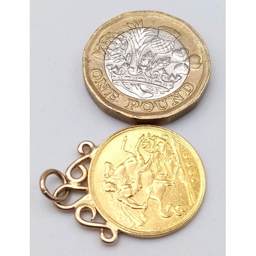 418 - 22ct gold half sovereign coin dated 1906 attached to a 9ct yellow gold pendant or charm mount, 4.5g