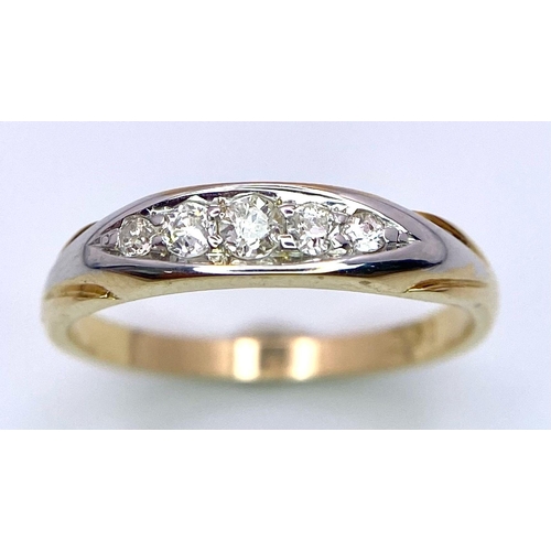 439 - 18k yellow gold 5 stone diamond ring, 2.9g, (diamond: 0.15ct) size L