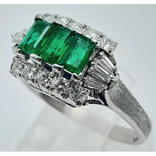 640 - EMERALD AND DIAMOND PLATINUM RING, WITH APPROX 0.6CT BAGGUETTE CUT TRILOGY EMERALDS AND 1CT DIAMONDS... 