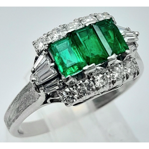 640 - EMERALD AND DIAMOND PLATINUM RING, WITH APPROX 0.6CT BAGGUETTE CUT TRILOGY EMERALDS AND 1CT DIAMONDS... 