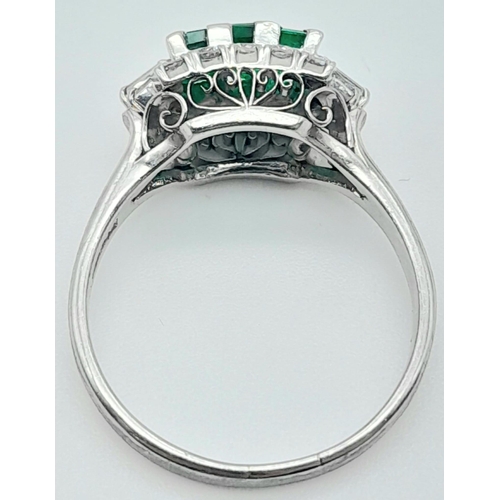 640 - EMERALD AND DIAMOND PLATINUM RING, WITH APPROX 0.6CT BAGGUETTE CUT TRILOGY EMERALDS AND 1CT DIAMONDS... 