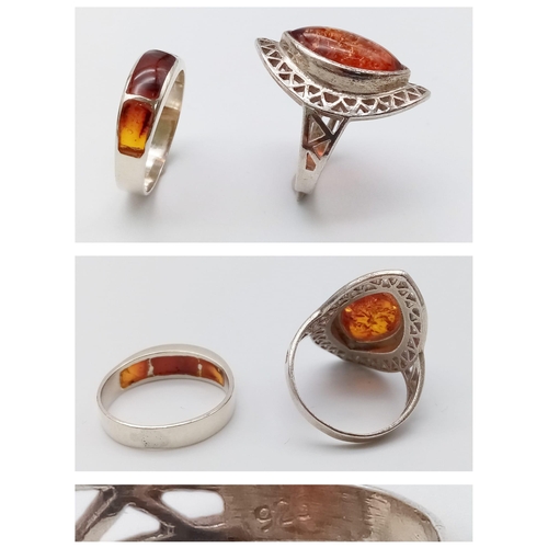 1120 - Sterling silver and amber style jewellery collection featuring 2 rings (sizes O/P) and a triple flow... 