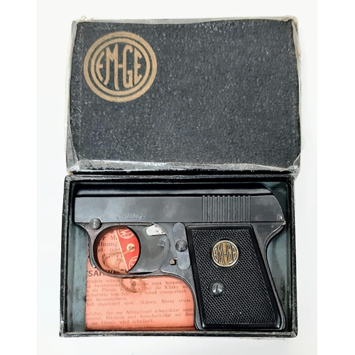 1141 - Two 6mm Blank Firing Pistols.
1) EMGE, German, comes with box & papers, 10.5cm Length. 2) Perfecta, ... 